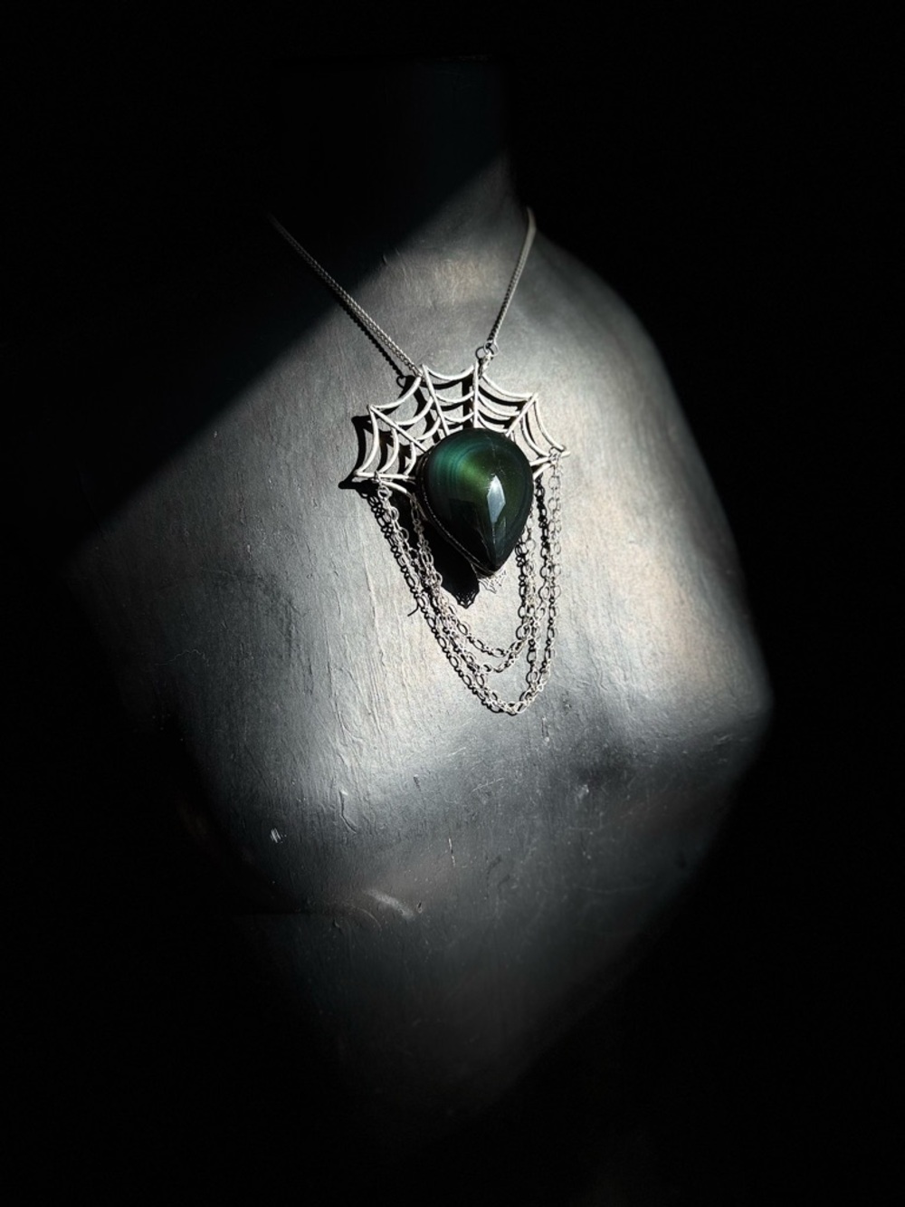 Spiderweb Teardrop Pendant Necklace - Black Green obsidian crystal necklace